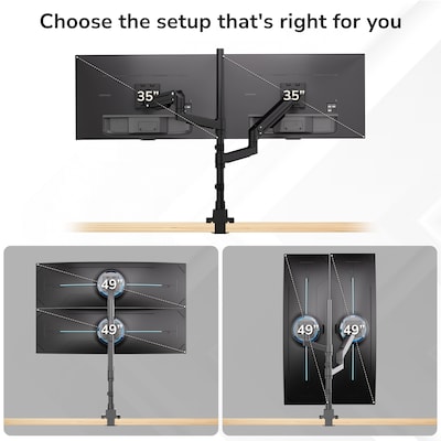 Mount-It! Adjustable Dual Stacking Monitor Mount for Monitors up to 49", Holds up to 44 lbs. per Arm, Matte Black (MI-12015)