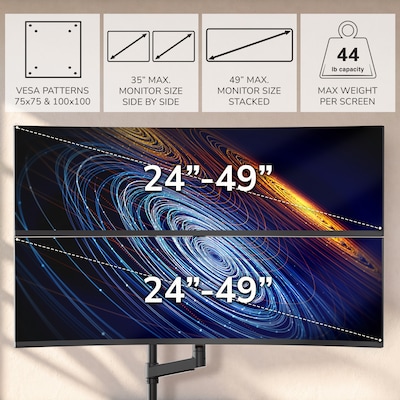 Mount-It! Adjustable Dual Stacking Monitor Mount for Monitors up to 49", Holds up to 44 lbs. per Arm, Matte Black (MI-12015)