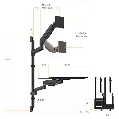 Mount-It! Adjustable Monitor Wall Workstation with Keyboard Tray & CPU Mount for Screens up to 49", Matte Black (MI-12021)