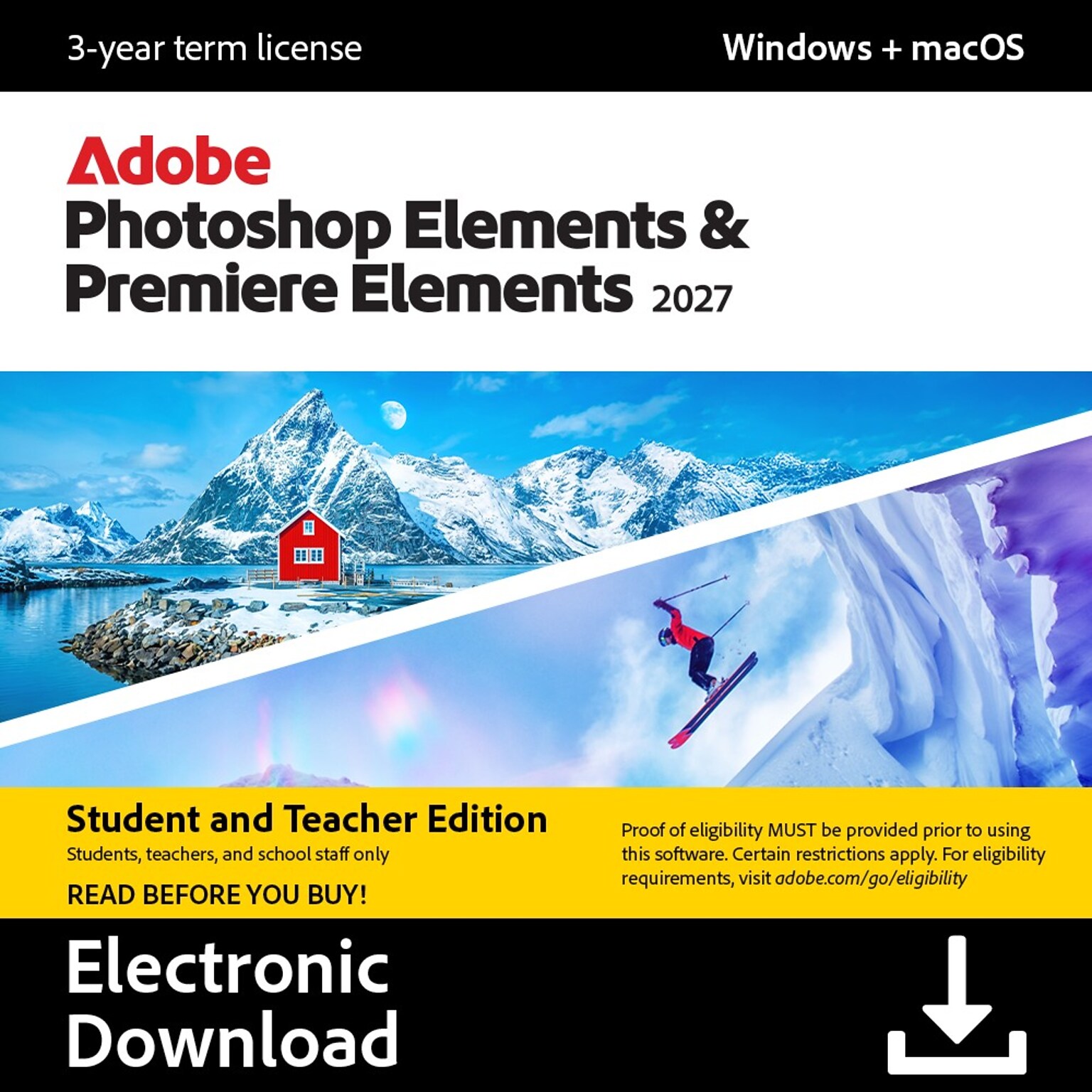Adobe Photoshop Elements & Premiere Elements 2027 Student & Teacher Edition, 1 User, Windows & Mac, Download (ADO951800V273)