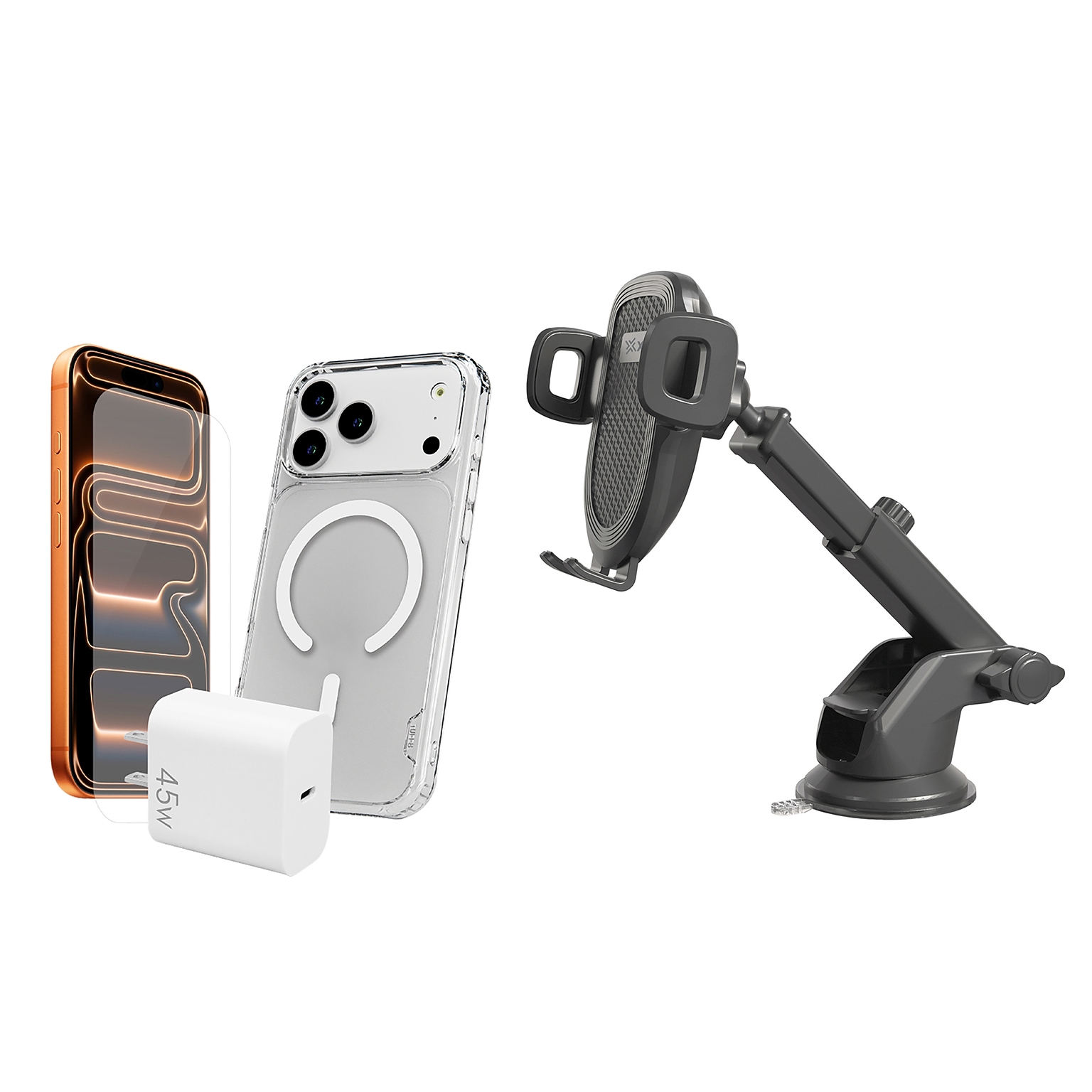 TUFF8 3-Piece Basic Protection Starter Bundle for iPhone 18 Pro Max w/XYST Extendable Dash Mount, Clear/Black (KITLIBBWR18PR07)