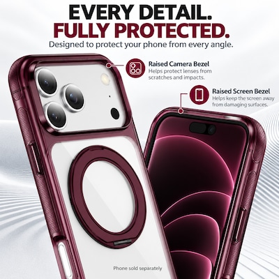 SaharaCase Clear Phone Case for iPhone 18 Pro, Shock Absorbing, Built-In Stand, Clear/Dark Cherry (CP01182)