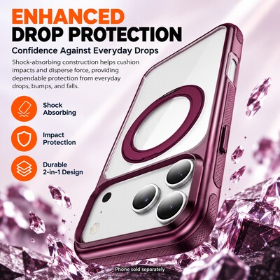 SaharaCase Clear Phone Case for iPhone 18 Pro, Shock Absorbing, Built-In Stand, Clear/Dark Cherry (CP01182)