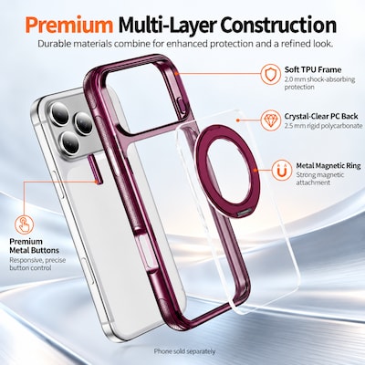 SaharaCase Clear Phone Case for iPhone 18 Pro, Shock Absorbing, Built-In Stand, Clear/Dark Cherry (CP01182)