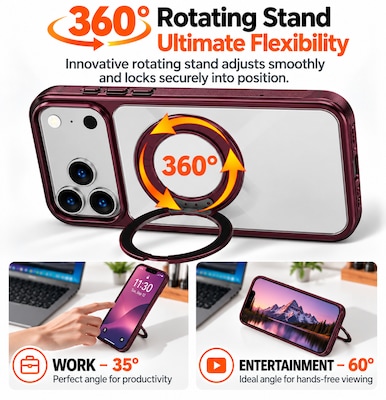 SaharaCase Clear Phone Case for iPhone 18 Pro, Shock Absorbing, Built-In Stand, Clear/Dark Cherry (CP01182)