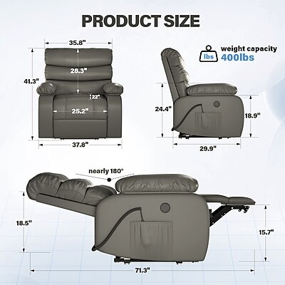 FlexiSpot XL6F Faux Leather Power Lift Recliner, Gray (XL6F-PU-DG-DP)