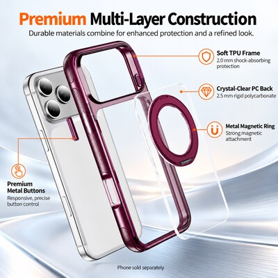 SaharaCase Clear Phone Case for iPhone 18 Pro Max, Shock Absorbing, Built-In Stand, Clear/Dark Cherry (CP01202)