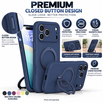 SaharaCase Silicone Phone Case for iPhone 18 Pro, 360-Degree Kickstand, Wireless Charging, Dark Blue (CP01167)