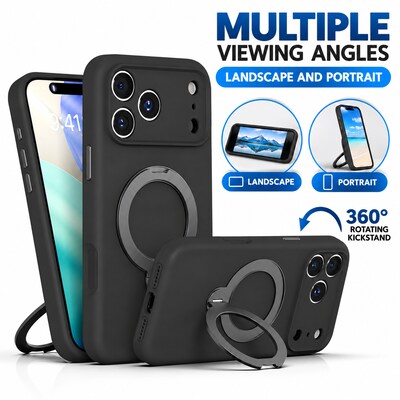SaharaCase Silicone Phone Case for iPhone 18 Pro, 360-Degree Kickstand, Wireless Charging, Black (CP01166)