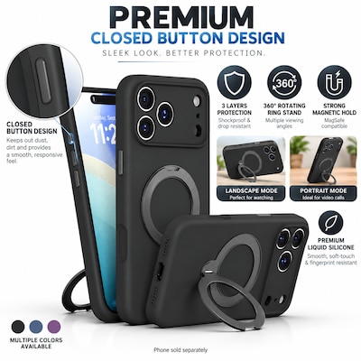SaharaCase Silicone Phone Case for iPhone 18 Pro Max, 360-Degree Kickstand, Wireless Charging, Black (CP01186)