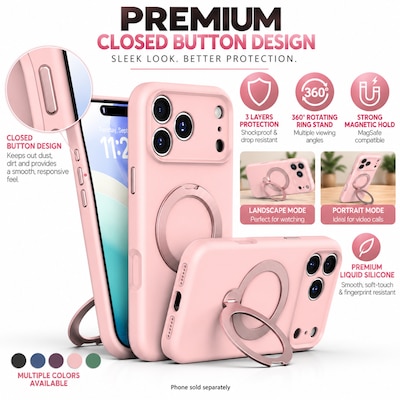 SaharaCase Silicone Phone Case for iPhone 18 Pro, 360-Degree Kickstand, Wireless Charging, Dark Pink (CP01170)