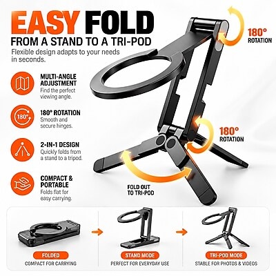 SaharaCase MagSafe Phone Tripod and Stand with Finger Grip, 180-Degree Adjustable Aluminum Frame, Black (CP01207)