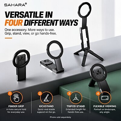 SaharaCase MagSafe Phone Tripod and Stand with Finger Grip, 180-Degree Adjustable Aluminum Frame, Black (CP01207)