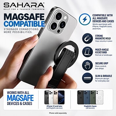 SaharaCase MagSafe Phone Tripod and Stand with Finger Grip, 180-Degree Adjustable Aluminum Frame, Black (CP01207)