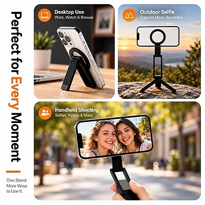 SaharaCase MagSafe Phone Tripod and Stand with Finger Grip, 180-Degree Adjustable Aluminum Frame, Black (CP01207)