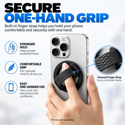 SaharaCase MagSafe Magnetic Phone Grip and Kickstand with Finger Strap, 180-Degree Aluminum Stand, Black (CP01206)