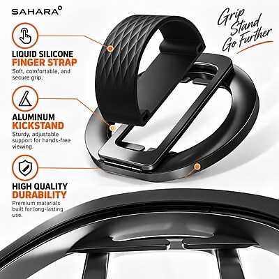 SaharaCase MagSafe Magnetic Phone Grip and Kickstand with Finger Strap, 180-Degree Aluminum Stand, Black (CP01206)