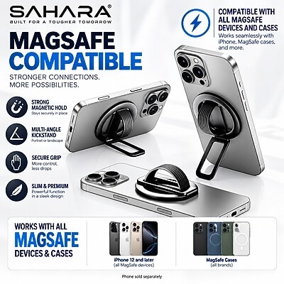 SaharaCase MagSafe Magnetic Phone Grip and Kickstand with Finger Strap, 180-Degree Aluminum Stand, Black (CP01206)