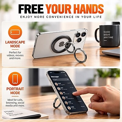 SaharaCase MagSafe Dual-Sided Magnetic Phone Grip and Ring Stand with 180-Degree Kickstand, Black (CP01208)