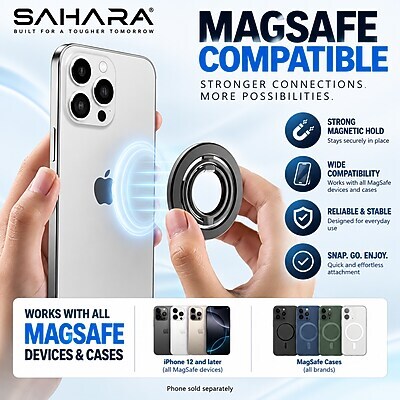 SaharaCase MagSafe Dual-Sided Magnetic Phone Grip and Ring Stand with 180-Degree Kickstand, Black (CP01208)