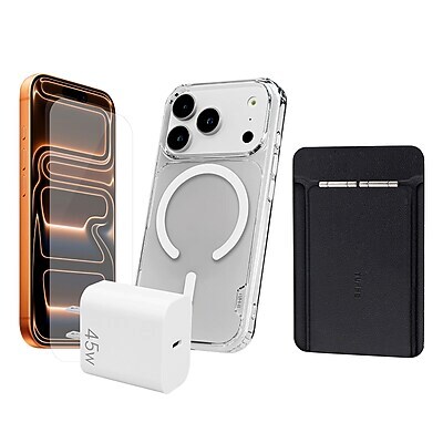 TUFF8 3-Piece Basic Protection Starter Bundle for iPhone 18 Pro with Foldable Origami Wallet Stand, Clear/Black (KITLIB18PRO10)