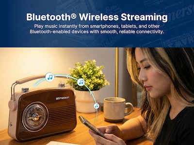 Emerson Retro Rechargeable Portable Bluetooth Radio, Espresso (EAS-3009-ES)