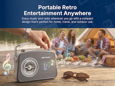Emerson Retro Rechargeable Portable Bluetooth Radio, Gray (EAS-3009-GY)