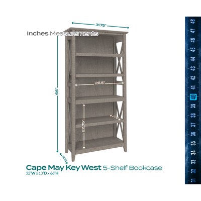 Regency Key West 66"H 5-Shelf Bookcase, Washed Gray (KWB132WG-03)