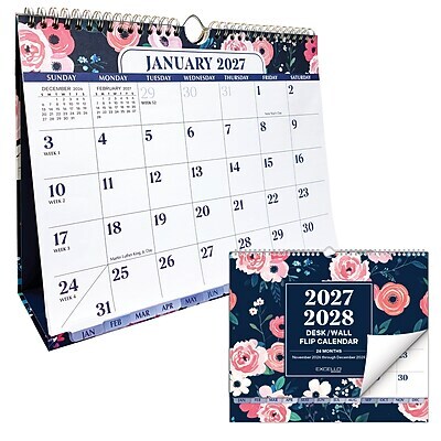 2027 Excello Brands 8.5 x 3.75 Monthly Desk or Wall Calendar, Navy Floral (DKWC-CY27-8511-84)