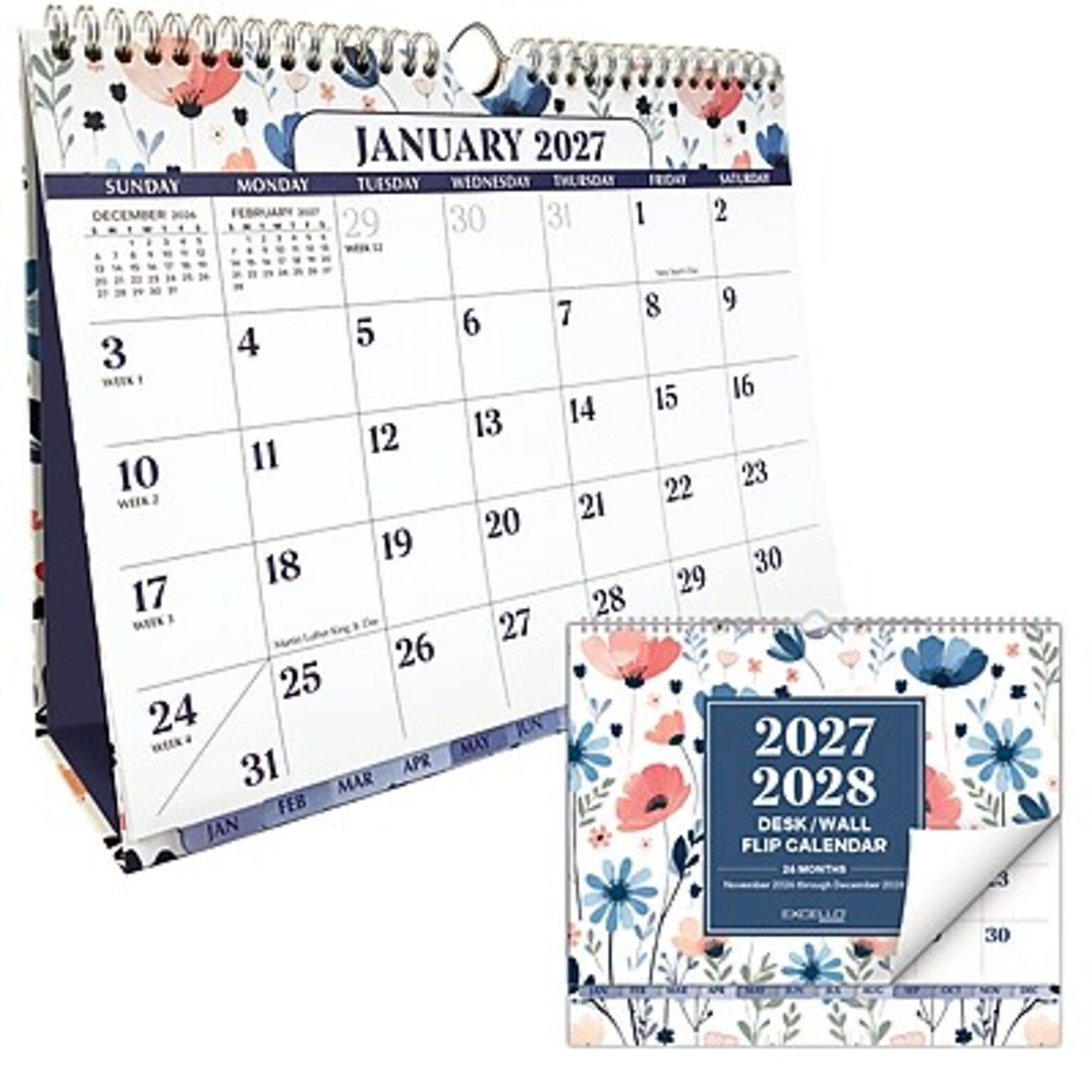 2027 Excello Brands 8.5 x 3.75 Monthly Desk or Wall Calendar, Colorful Botanicals (DKWC-CY27-8511-30)