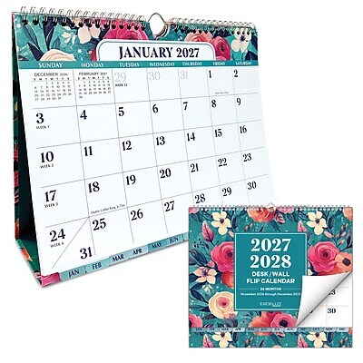 2027 Excello Brands 8.5 x 3.75 Monthly Desk or Wall Calendar, Teal Floral (DKWC-CY27-8511-17)