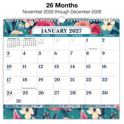 2027 Excello Brands 8.5" x 3.75" Monthly Desk or Wall Calendar, Teal Floral (DKWC-CY27-8511-17)