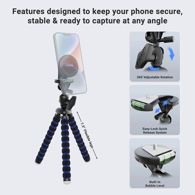 Arkon Mounts Magnetic MagSafe-Compatible Phone Holder with 11-In. Flexible Tripod, Blue/Black (MGSTRIXL)