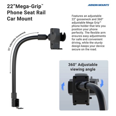 Arkon Mounts eat Rail or Floor Mount with Mega Grip Phone Holder for Cars and Trucks, Black (SM488L22)
