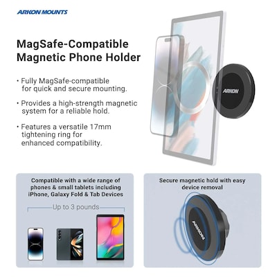 Arkon Mounts Magnetic MagSafe-Compatible Phone Holder with Sticky Suction Mount, Black (MGS179)