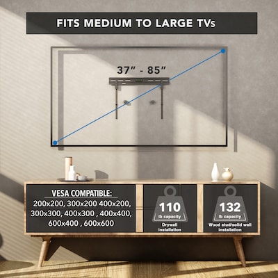 Mount-It! No-Stud Fixed TV Wall Mount for 37" to 85" TVs, Holds Up to 110 lbs., Black (MI-379)