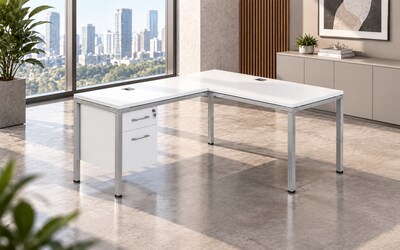 Boss Office Products Simple System 60"W L-Shaped Desk with File Pedestal, White (SGSD029-101-WT)