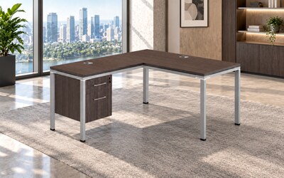 Boss Office Products Simple System 60"W L-Shaped Desk with File Pedestal, Driftwood (SGSD029-101)