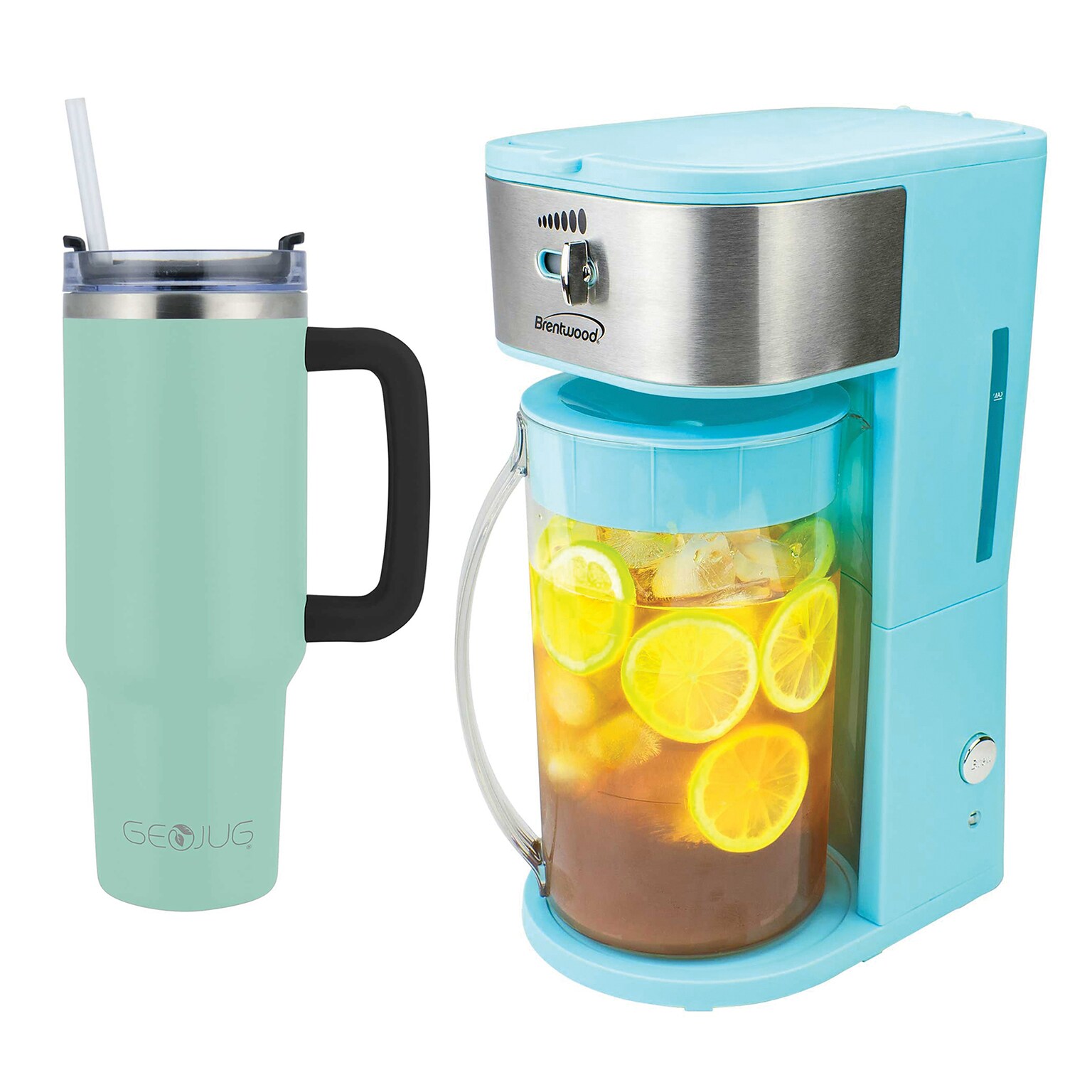Brentwood 8-Cup Iced Tea & Coffee Maker & 40-oz. Insulated Stainless Steel Tumbler Cup, Blue (KITBTWICECOFF01)