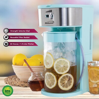 Brentwood 8-Cup Iced Tea & Coffee Maker & 40-oz. Insulated Stainless Steel Tumbler Cup, Blue (KITBTWICECOFF01)