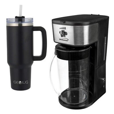 Brentwood 8-Cup Iced Tea & Coffee Maker & 40-oz. Insulated Stainless Steel Tumbler Cup, Black (KITBTWICECOFF02)