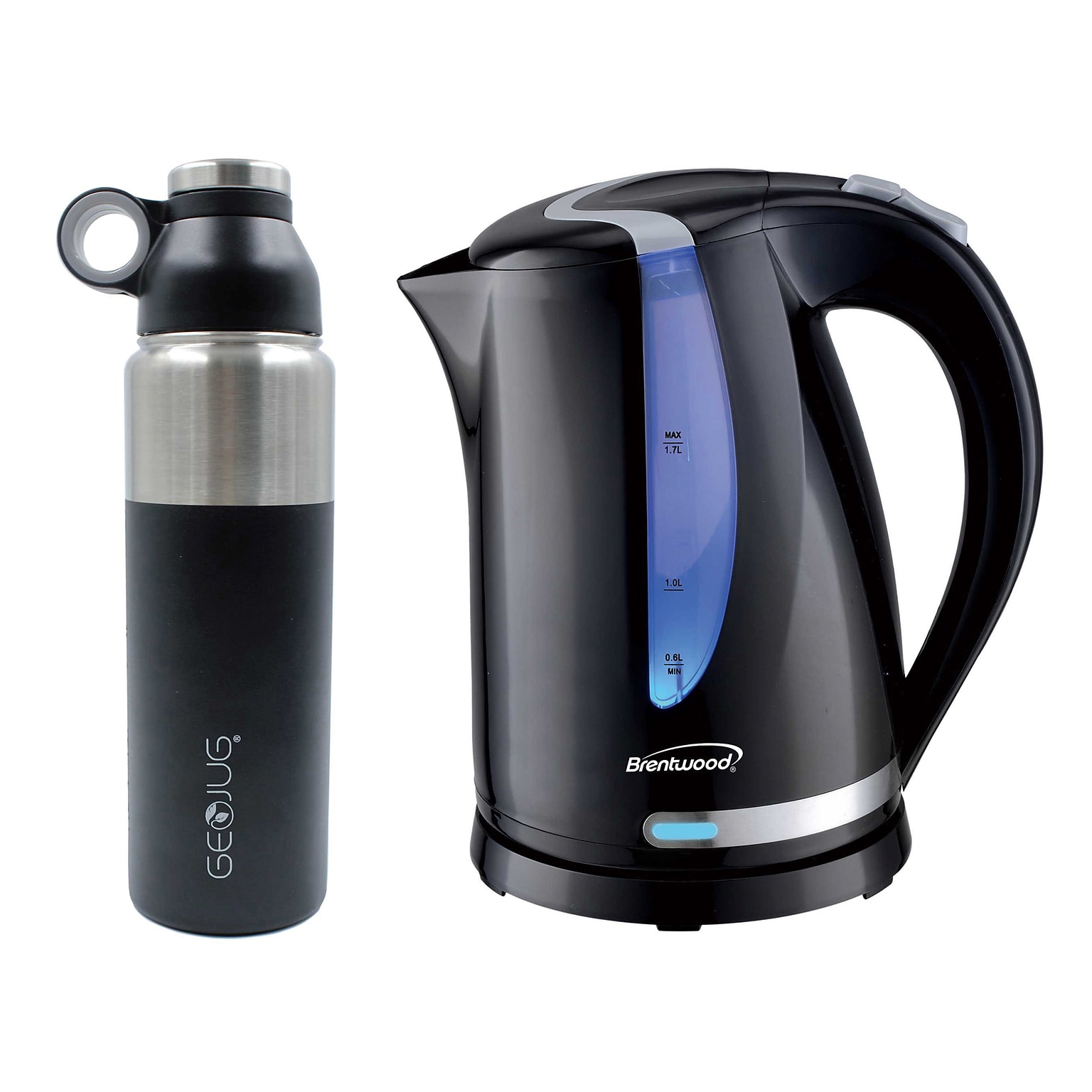 Brentwood 1.7L Cordless Electric Kettle with 24-oz. Vacuum-Insulated Water Bottle, Black/Silver (KITBTWKETTLE01)