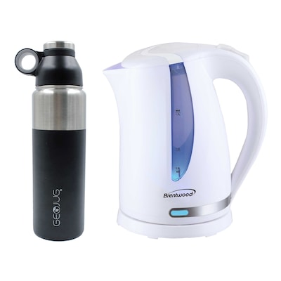 Brentwood 1.7L Cordless Electric Kettle with 24-oz. Vacuum-Insulated Water Bottle, White/Black/Silver (KITBTWKETTLE02)