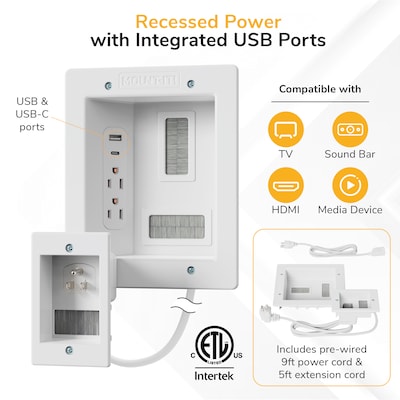 Mount-It! In-Wall Cable Management Kit with 2 Power Outlets, USB-A, USB-C & Power Input Module, White (MI-7289)