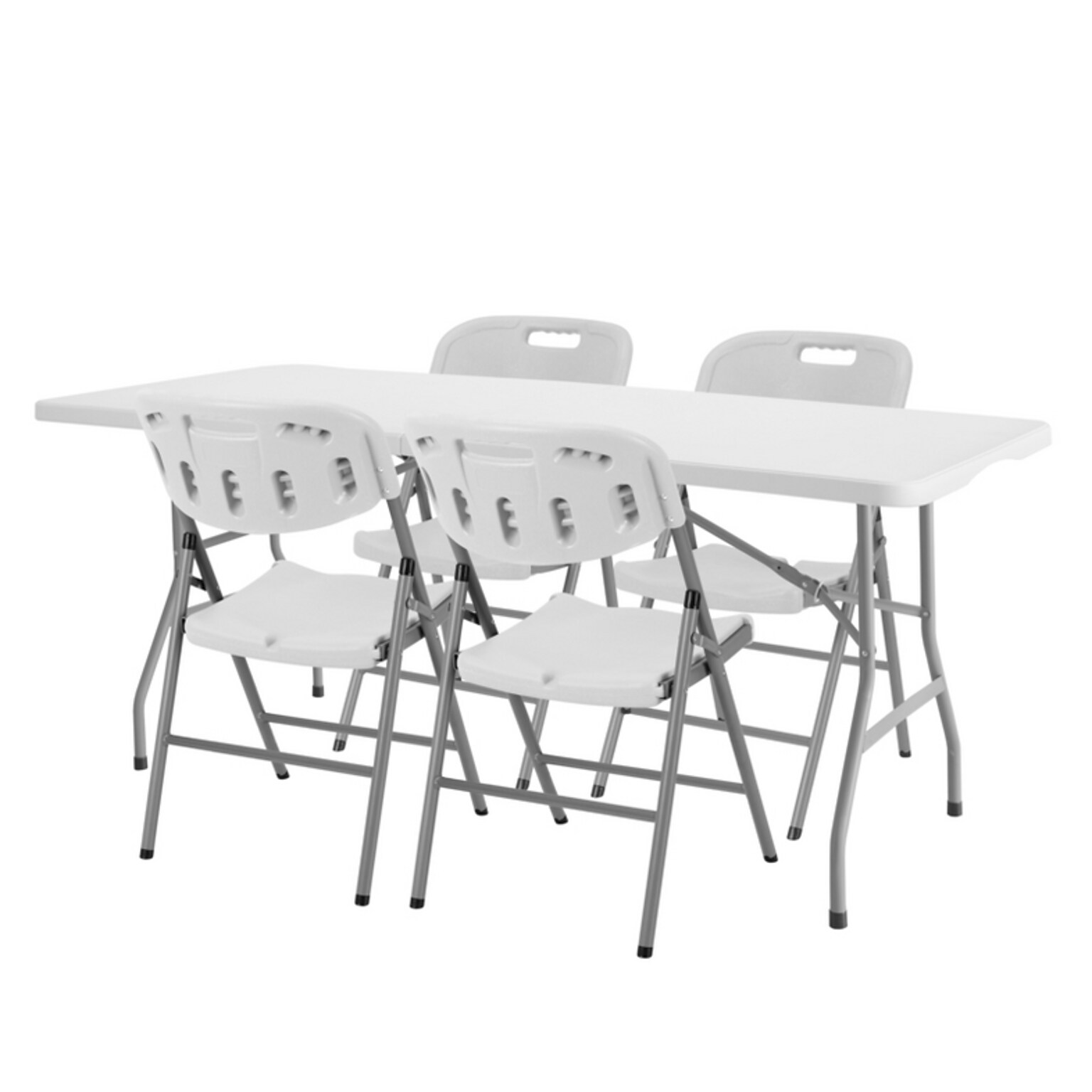 Regency Trestle 60 x 29 Heavy Duty Plastic Folding Table and 4 Chairs, White (TBM6029WH42WH)