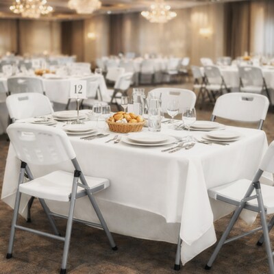 Regency Trestle 60 x 29 Heavy Duty Plastic Folding Table and 4 Chairs, White (TBM6029WH42WH)