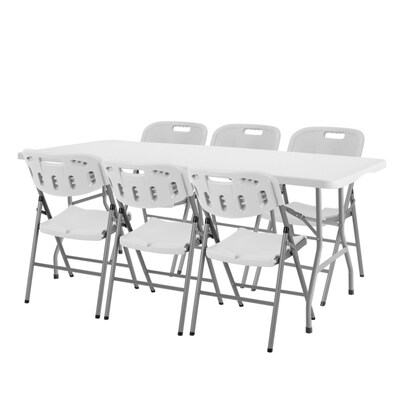 Regency Trestle 72 x 29 Heavy Duty Plastic Folding Table and 6 Chairs, White (TBM7229WH42WH)