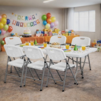 Regency Trestle 72 x 29 Heavy Duty Plastic Folding Table and 6 Chairs, White (TBM7229WH42WH)
