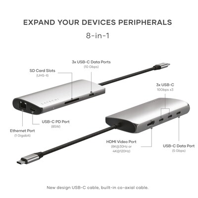 Satechi USB-C MultiPort Adapter 8K with Ethernet V3,  Space Gray (ST-P8KEM)