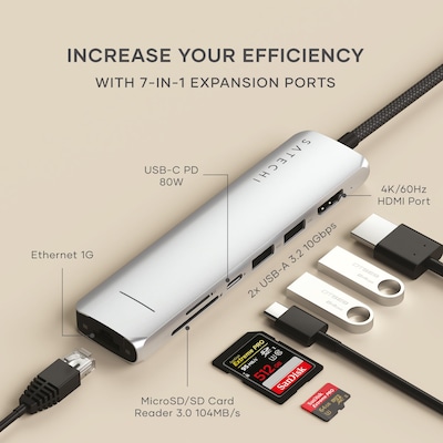 Satechi 7-in-1 USB-C Slim Multiport Adapter with Ethernet, Silver (ST-P7SS)